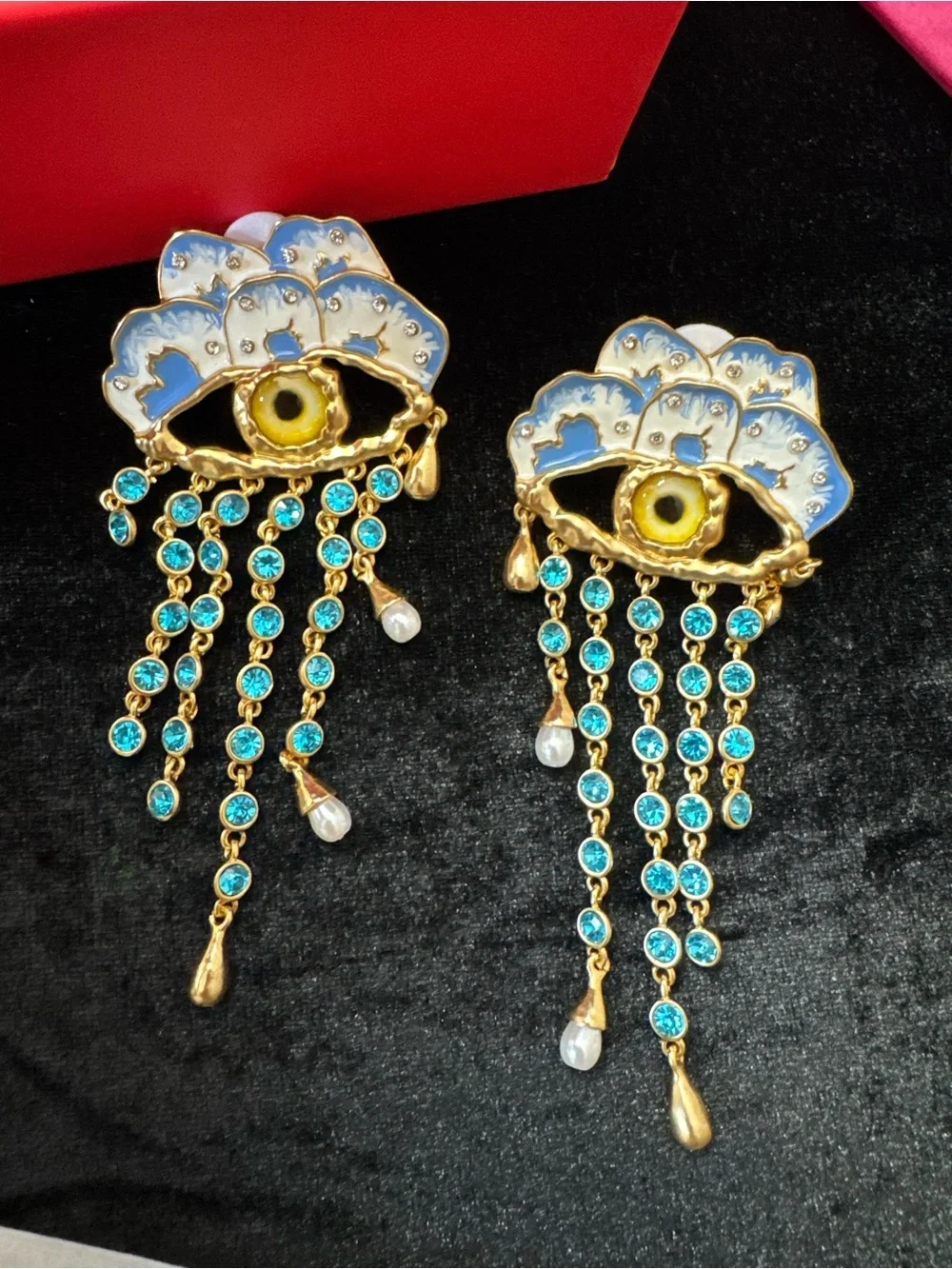 Schiaparelli inspired Eyelash Dangle Earrings - Gold Tone with blue crystals